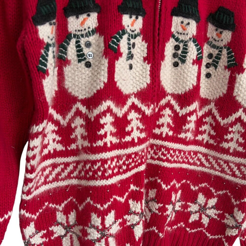 Vintage Hand Knit "Ugly" Christmas Holiday Snowflake Snowmen Sweater - Picture 3 of 6